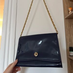 Vintage patent leather navy bag/clutch with gold chain